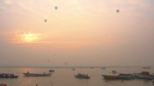 Hot Air Balloon flying over the ghats of Varanasi
