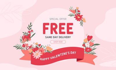 Happy Valentine's Day Background with a text box. Florist e-store banner decorated with flowers and leaves. Vector illustration for cover, invitation, card, advertising, poster.