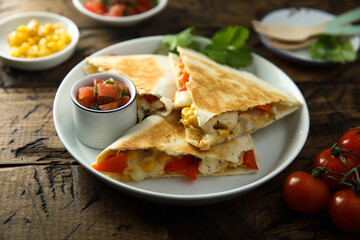 Homemade quesadilla with chicken and tomatoes