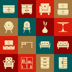 Set Wardrobe, Sofa, Round table, Armchair, Dressing, Chest drawers and Vase icon. Vector