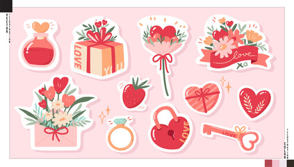 Cute sticker set of sweet love element, Valentine's Day concept. Vector illustration for web, print, scrapbook, card, etc. 