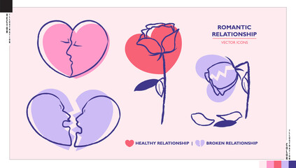 Set of romantic relationship icons, good and break up relationships. Love heart and rose signage.