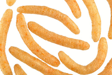 Close up of Cheesy Corn Sticks on White Background with Clipping Path