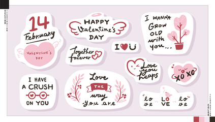 Cute sticker set of love lettering quotes, Valentine's Day concept. Vector illustration for web, print, scrapbook, card, etc. 