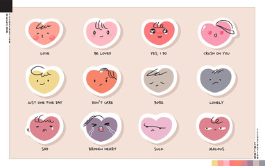 Sticker set of love heart emoticons, Valentine's day mood concept. Vector illustration in cartoon style.