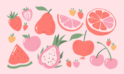 Set of cute heart-shaped fruits. Collection of love vector elements for decorating cards, scrapbook, poster, cover, etc. Valentine's Day concept illustration.