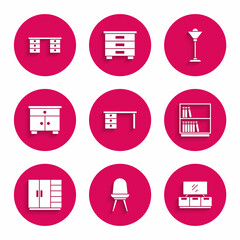Set Office desk, Chair, TV table stand, Library bookshelf, Wardrobe, Furniture nightstand, Floor lamp and icon. Vector