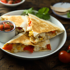 Homemade quesadilla with chicken and tomatoes