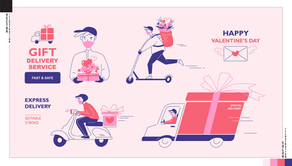 Set of gift delivery service icons, Valentine's Day concept. Vector illustration for web, print, scrapbook, card, etc. 