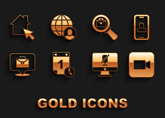 Set Time management, Video chat conference, Camera, Mute microphone computer, Online working, Magnifying glass with briefcase, and Freelancer icon. Vector