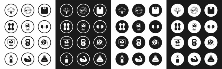 Set Bathroom scales, Bodybuilder muscle, Dumbbell, Lotus flower, No Smoking, Sleepy and icon. Vector