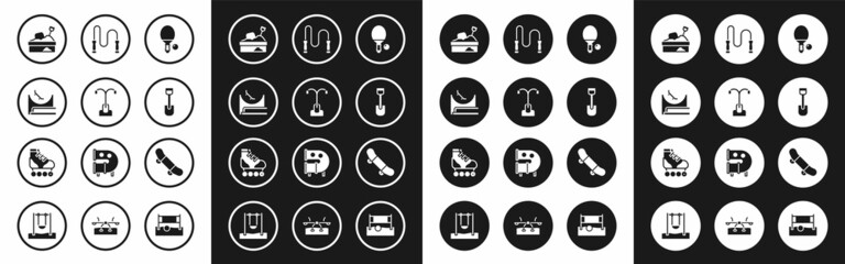 Set Racket and ball, Street light, Skate park, Sandbox with sand, Shovel toy, Jump rope, Skateboard trick and Roller skate icon. Vector