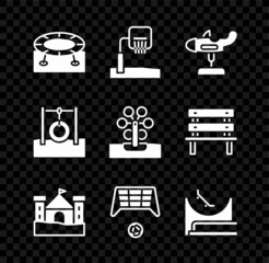 Set Jumping trampoline, Basketball backboard, Swing plane, Sand castle, Soccer goal with, Skate park, Car tire hanging on rope and Ferris wheel icon. Vector