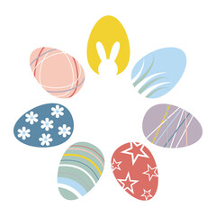 Decorated Easter eggs as flower. White plain background. Vector illustration in flat cartoon style.