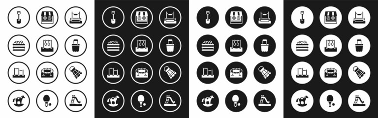 Set Bungee, Gymnastic rings, Pool with balls, Shovel toy, Sand bucket, Shooting gallery, Badminton shuttlecock and Horizontal bar icon. Vector
