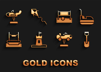 Set Sand tower, Bumper car, Shovel toy, Swing, Bungee, Volleyball net with ball, plane and Kite icon. Vector