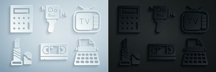 Set VHS video cassette tape, Retro tv, Lipstick, typewriter, cinema camera and Calculator icon. Vector