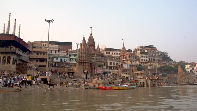 Ancient Varanasi city architecture at sunset