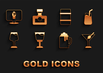 Set Wine glass, Cocktail, Martini, Wooden beer mug, Metal keg, Alcohol or bar location and drink Rum icon. Vector