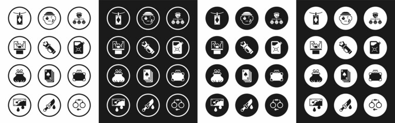 Set Mafia, Police electric shocker, Broken window, Money laundering, Canister fuel, Bandit, Briefcase money and Wallet icon. Vector