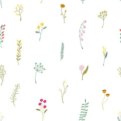 Seamless pattern with abstract flower and leaves branches. Gentle, simple and elegant. Vector flat illustrations on white background.