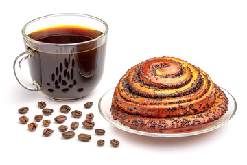 Cinnamon bun sprinkled with poppy seeds and cup of coffee isolated on white background.