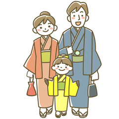 着物を着て初詣に行くファミリー
