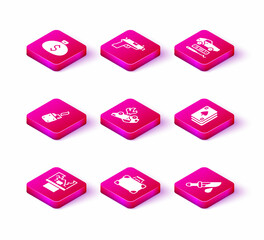 Fototapeta premium Set Broken window, Briefcase and money, Lighter, Burning car, Bloody knife, Playing cards, Car theft and Pistol or gun icon. Vector