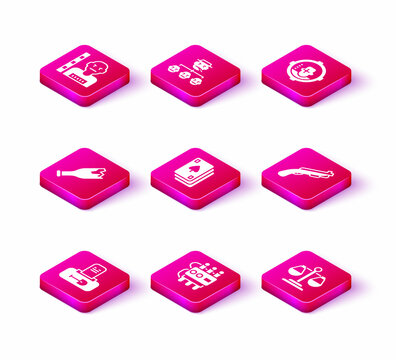 Set Grave with tombstone, Dynamite and timer clock, Broken bottle as weapon, Playing cards, Scales of justice, Police shotgun, Headshot and Mafia icon. Vector