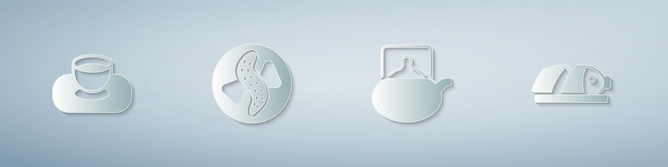 Set Soy sauce in bowl, Served cucumber on plate, Traditional tea ceremony and Fish with sliced pieces. Paper art style. Vector