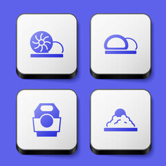 Set Xiao long bao, Sushi, Asian noodles in paper box and Rice bowl icon. White square button. Vector