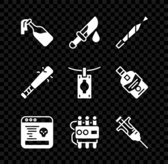 Fototapeta premium Set Cocktail molotov, Bloody knife, Marijuana joint, System bug, Dynamite and timer clock, Syringe, Baseball bat with nails and Money laundering icon. Vector