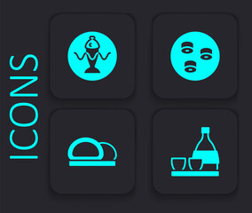 Set Bottle of sake, Served fish on plate, Sushi and icon. Black square button. Vector