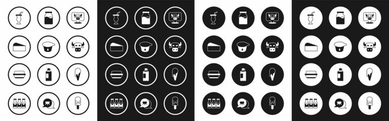 Set Cow head, Yogurt container, Cheese, Milkshake, Bottle with milk, Ice cream waffle cone and Butter butter dish icon. Vector