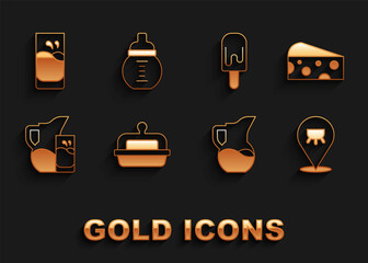 Set Butter in a butter dish, Cheese, Udder, Milk jug or pitcher, and glass, Ice cream, Glass with milk and Baby bottle icon. Vector