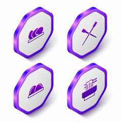 Set Isometric Chicken egg, Food chopsticks, Sushi and Asian noodles in bowl icon. Purple hexagon button. Vector