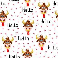 Cute bull head seamless pattern. Vector Illustration for printing, backgrounds, covers, packaging, greeting cards, posters, stickers, textile and seasonal design. Isolated on white background.