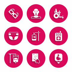 Set IV bag, Braille, Disabled wheelchair, Press the SOS button, Adult diaper, Electric and Eyeglasses icon. Vector