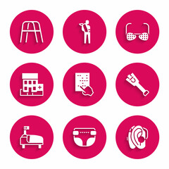 Set Braille, Adult diaper, Hearing aid, Prosthesis leg, Hospital bed, Medical hospital building, Blind glasses and Walker icon. Vector