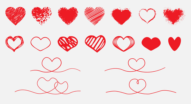 Big collection of hand drawn red grunge and continuous line art hearts. Valentine heart shapes drawing elements for greeting cards and valentines day, patterns, design vector isolated icons set.
