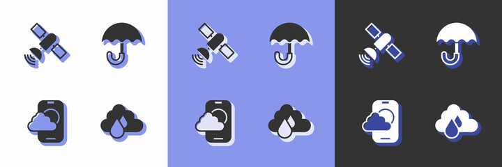 Set Cloud with rain, Satellite, Weather forecast app and Umbrella icon. Vector
