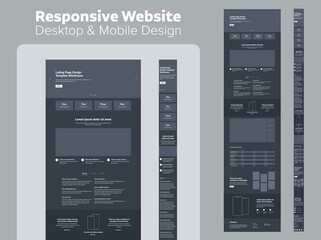 Design website dark mode. Desktop and mobile wireframe. Landing page template.