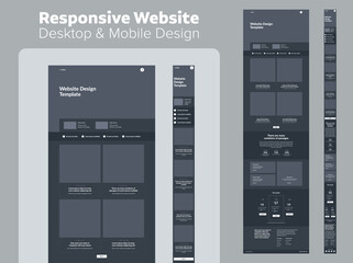 Design website dark mode. Desktop and mobile wireframe. Landing page template.