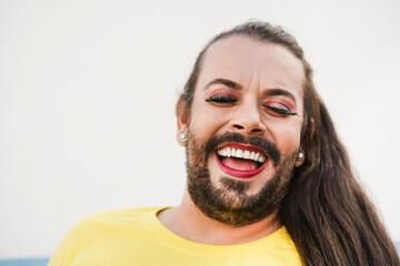 Drag queen smiling camera at lgbt pride parade - Focus on face