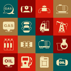 Set Oil tank storage, petrol test tube, pump pump jack, Metallic pipes and valve, tanker ship, Location gas station, and Gas for vehicle icon. Vector