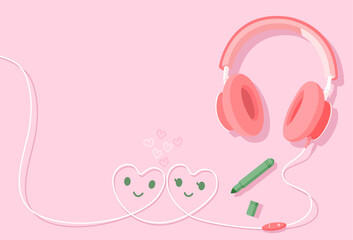 The pink headphone is wired to connect two heart-shaped in love on isolated pink background. Vector illustration cartoon flat design for banner, poster, presentation, and wallpaper. Valentines day con