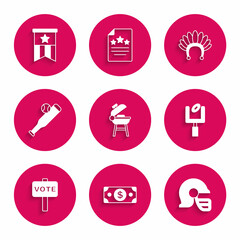Set Barbecue grill, Stacks paper money cash, American football helmet, goal post, Vote, Baseball bat with, Indian headdress feathers and flag icon. Vector