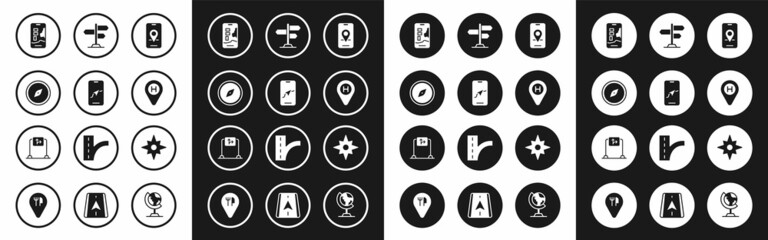 Set City map navigation, Compass, Helicopter landing pad, Road traffic sign, Wind rose and icon. Vector