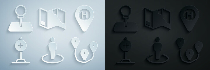 Set Location with person, Helicopter landing pad, cross hospital, Route location, Folded map and Push pin icon. Vector