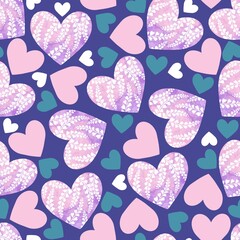 Decorated pink hearts seamless pattern on purple bacground
